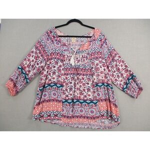 Faded Glory Womens XXL 20 Boho Peasant Blouse Pink Blue Floral Tassel Rayon Top